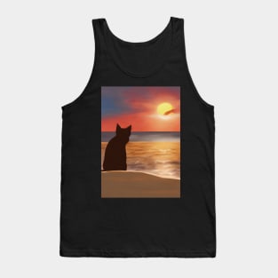 Cute Cat Watching Sunset Scene Tank Top